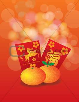 2014 Chinese New Year of the Horse Oranges and Red Packets Backg