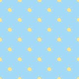 Seamless vector summer pattern, background or texture with yellow sun on sky blue background