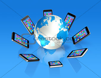 Smartphones Around World Globe, Global Communication