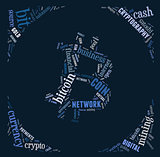 bitcoin logo word cloud with blue wordings