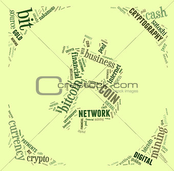 bitcoin logo word cloud with green wordings