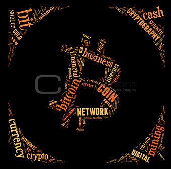 bitcoin logo word cloud with orange wordings