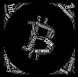 bitcoin logo word cloud with white wordings