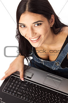 Top view of beautiful woman working on laptop
