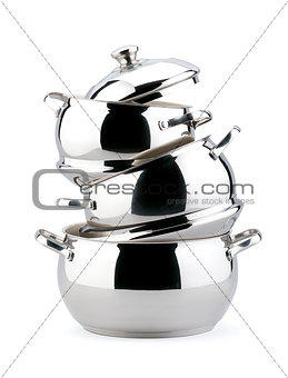 Group of stainless steel kitchenware isolated on white