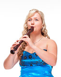 Female Musician in Blue Dress Playing Flute 