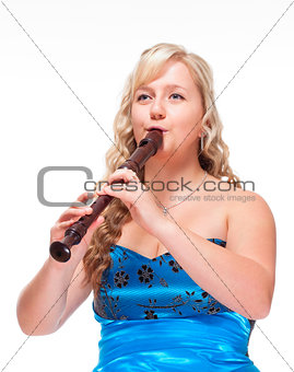 Female Musician in Blue Dress Playing Flute 
