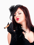 Young Woman with Black Hat and Gloves Smoking Cigar