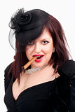 Young Woman with Black Hat and Gloves Smoking Cigar