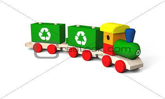 Toy train with recycling symbols