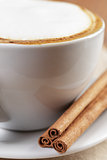 cup of fresh hot cappuccino with cinnamon sticks