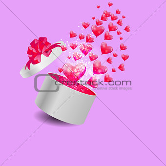 Valentines Day Card with Gift Box and Heart Shaped Balloons, Vec