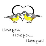 A couple of cute titmice with a heart and words "I love you". Va