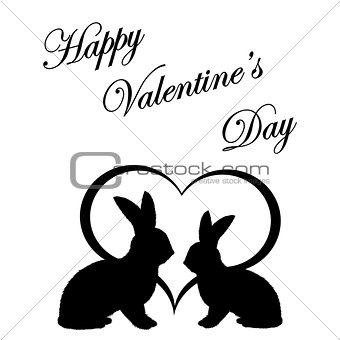 Monochrome silhouette of two rabbits and a heart. Valentine's da