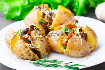 Baked potato with bacon and mushrooms