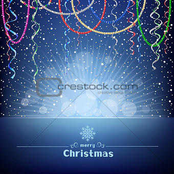 Christmas blue card with beads ribbons and light