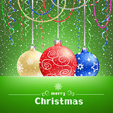 Christmas green card with snow around and baubles