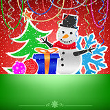 Christmas red green card snow ribbons and bauble