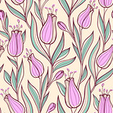 Seamless pattern with pink tulips