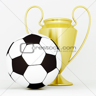 gold cup and soccer ball on a white background