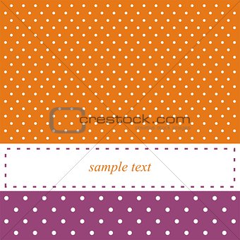 Vector orange and violet card or invitation with white polka dots.