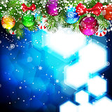 Christmas background with Christmas tree branch decorated with g