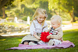 Little Girl Gives Her Baby Brother A Gift at Park 
