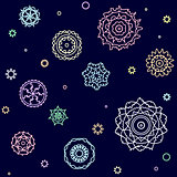 Dark blue night seamless pattern with shine flowers and stars