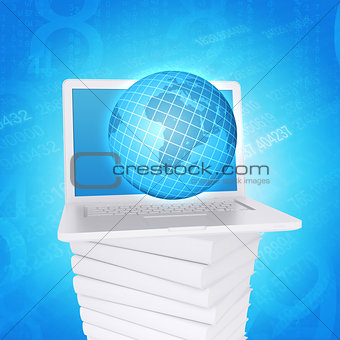 Laptop and globe on white stack of books