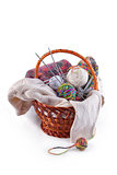 Balls of wool and knitting in basket