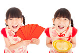 happy  chinese new year. child showing red envelope and gold