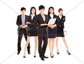 smart businessman holding laptop with business team