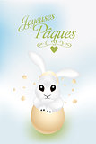 French Easter card with cute bunny in broken egg shell