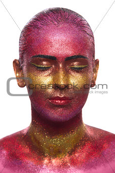 Glitter makeup on a beautiful woman face on a white background