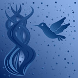 Phantasmagoric composition with bird on starry sky background