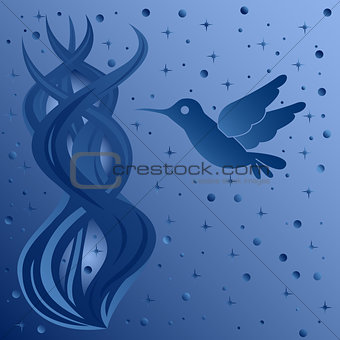 Phantasmagoric composition with bird on starry sky background