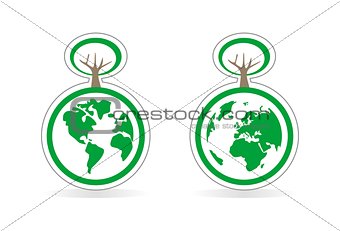 Eco recycling vector icon, sign or sticker with tree. World globe isolated on white background