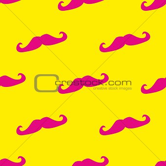 Seamless vector pattern, background or texture with neon pink mustaches on sunny yellow background.