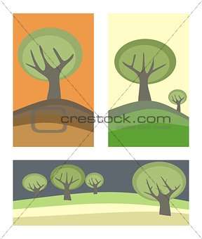 Vector hand drawn landscapes banners with green trees.