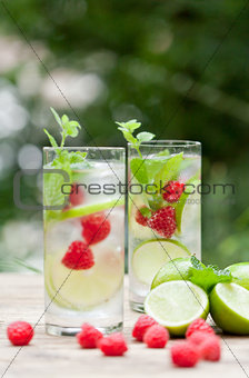 fresh cold drink water ice cubes peppermint lime raspberry