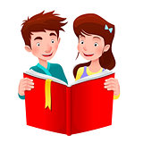 Boy and girl are reading a book.