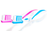 two toothbrushes are on white background
