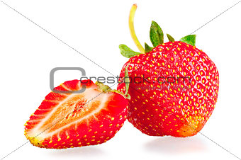 whole strawberry and half on white background 