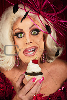 Woman with Cupcake Licking Lips