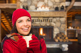 Mixed Race Girl Enjoying Warm Fireplace and Holding Mug