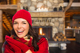 Mixed Race Girl Enjoying Warm Fireplace In Rustic Cabin