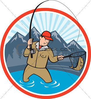 Fly Fisherman Catching Trout Fish Cartoon