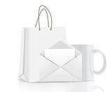 Empty Shopping Bag, Envelope and Cup for Advertising and Brandin