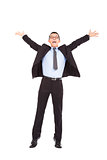 businessman feel happy to raise his hands and  jumping 