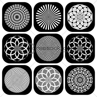 Patterns in circle shape. Design elements set. 